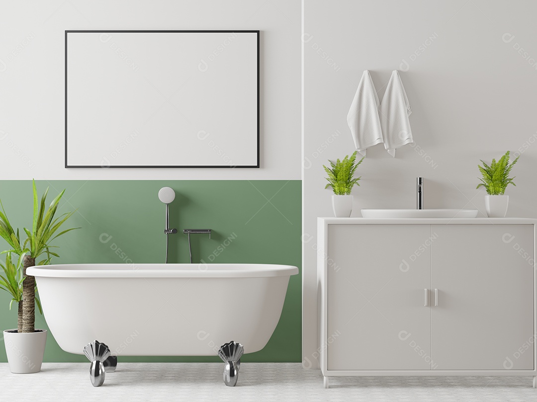 Banheiro de luxo de ilustração 3D com barhtub, moldura de foto de maquete na bela parede, decorada com equipamentos e plantas confortáveis
