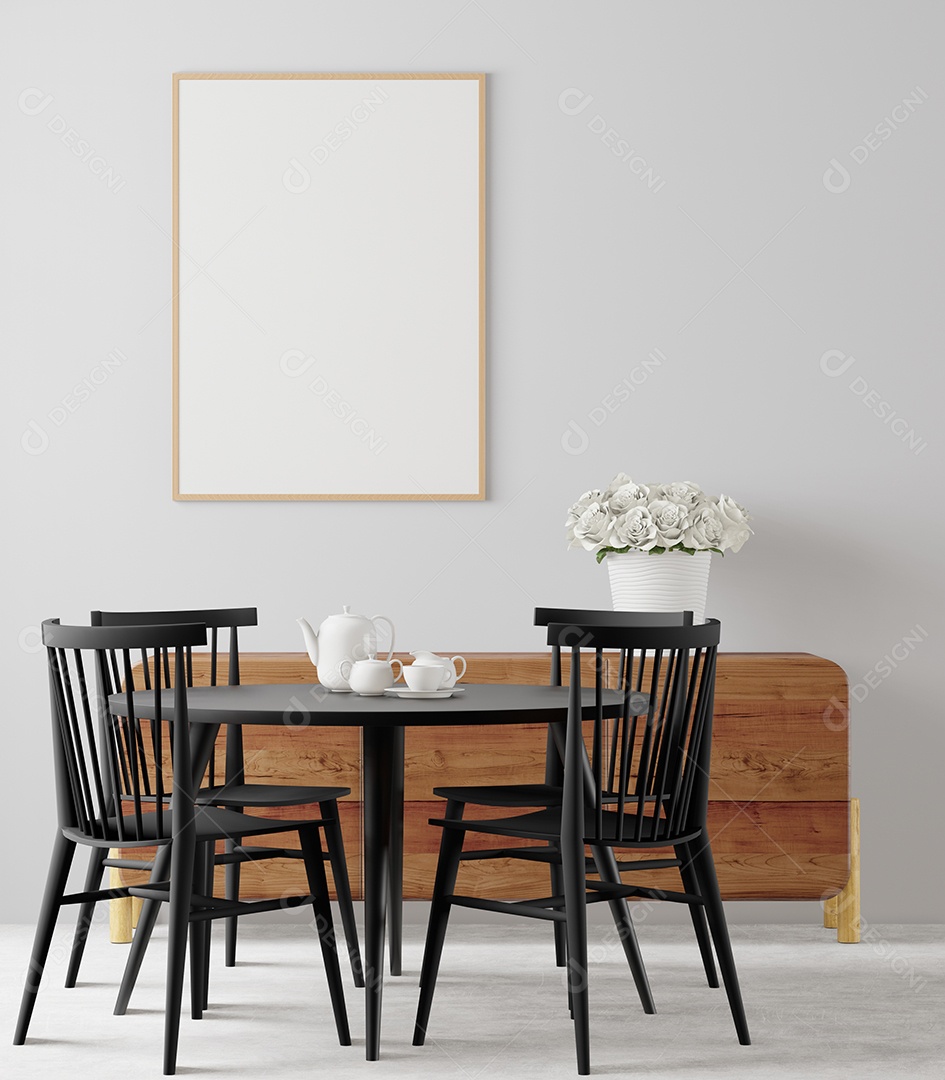 Placa grande de maquete de ilustração 3D com moldura na sala de jantar em casa ou restaurante, cores pastel interiores de estilo escandinavo
