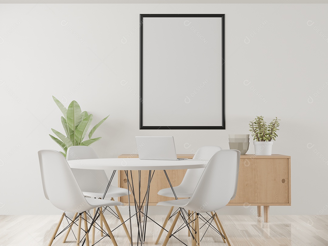 Placa em branco de maquete de ilustração 3D com moldura na parede na área de trabalho em casa, interior de estilo escandinavo