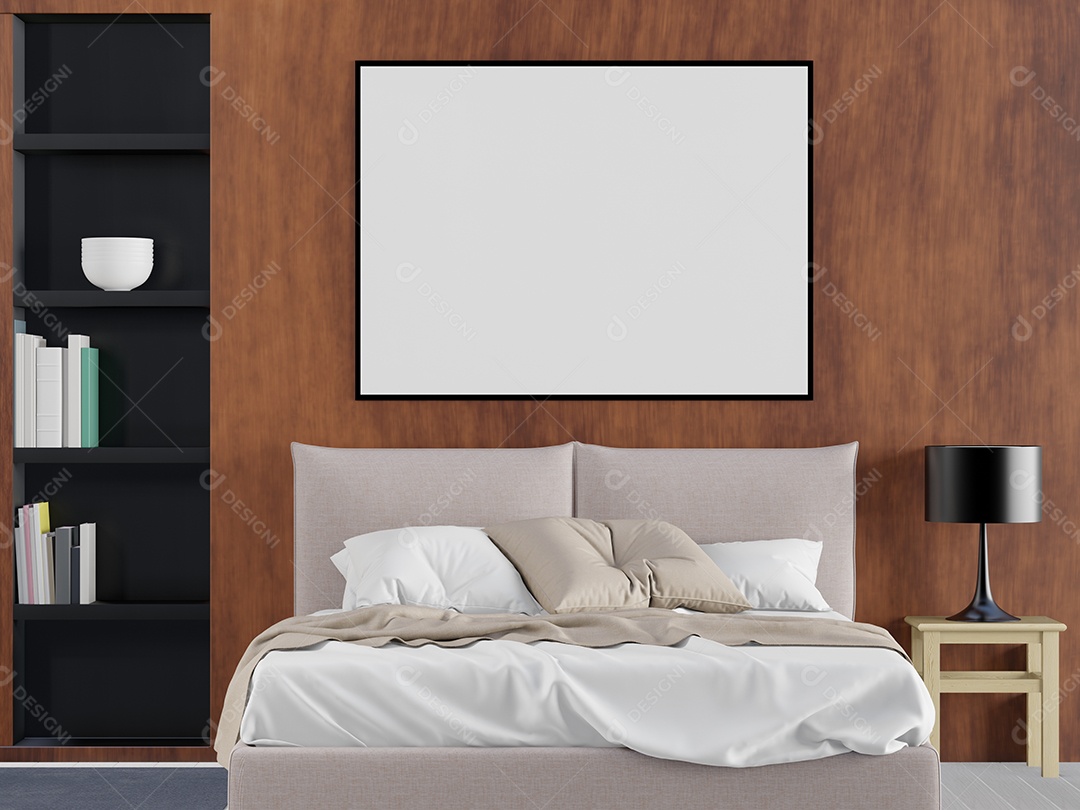 Placa em branco de maquete de ilustração 3D com moldura na parede na área de trabalho em casa, interior de estilo escandinavo