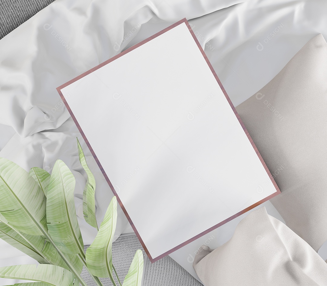 Placa em branco de maquete de ilustração 3D com moldura na parede da sala de estar, interior de estilo escandinavo com vaso de plantas e decoração natural, renderização