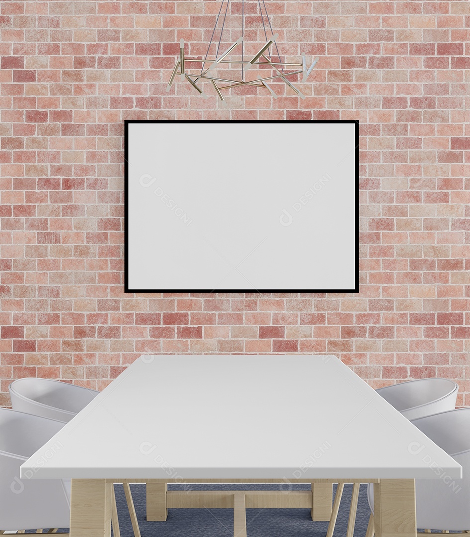 Placa em branco de maquete de ilustração 3D com moldura na parede na sala de reuniões, interior de estilo escandinavo com móveis aconchegantes