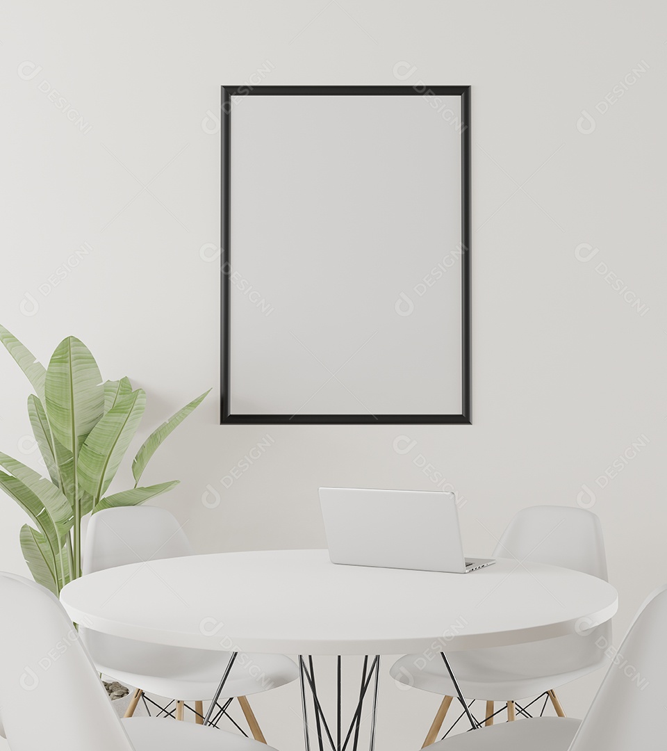 Placa em branco de maquete de ilustração 3D com moldura na parede na área de trabalho em casa, interior de estilo escandinavo com móveis aconchegantes