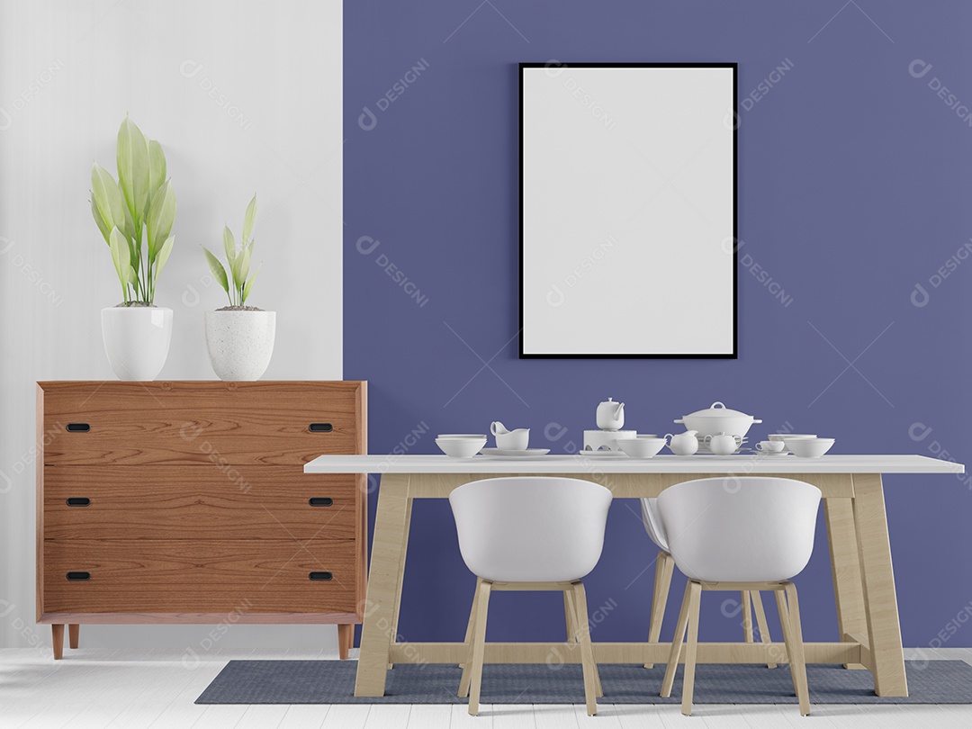 Placa em branco de maquete de ilustração 3D com moldura na parede na área de trabalho em casa, interior de estilo escandinavo com móveis aconchegantes