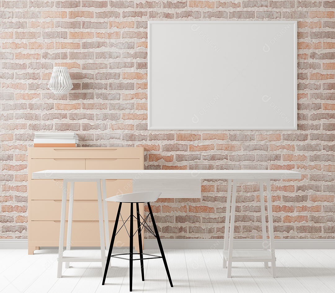 3d illustration mockup blank board with frame on wall on home desktop, scandinavian style interior