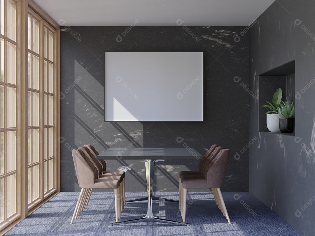 Placa em branco de maquete de ilustração 3D com moldura na parede na sala de reuniões, luz solar da janela, interior com móveis e plantas