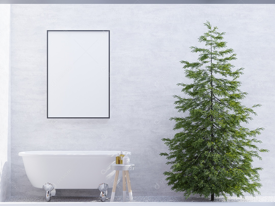 Molduras para fotos de maquete de ilustração 3D na parede branca sobre a banheira no banheiro aberto, decorada com equipamento confortável