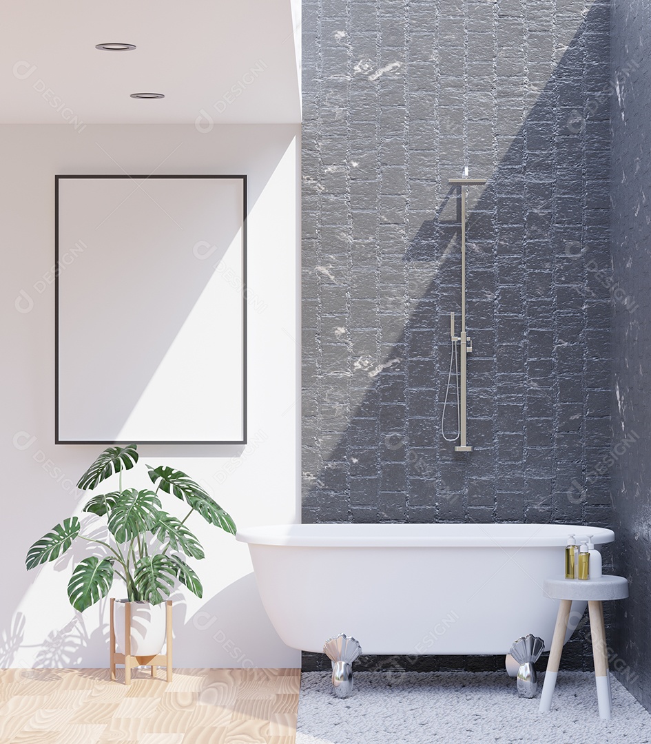 Placa grande de maquete de ilustração 3D com moldura na sala de jantar com cozinha em casa, cores pastel interiores de estilo escandinavo e decoração