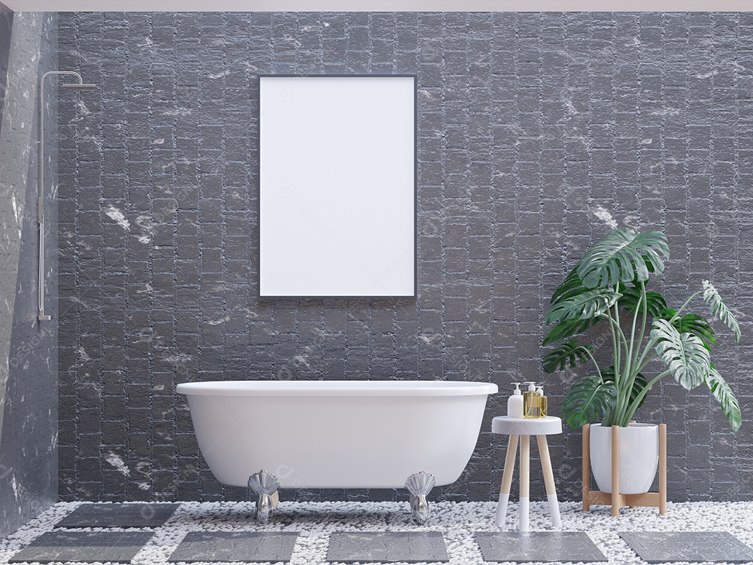 Molduras para fotos de maquete de ilustração 3D na parede de tijolos sobre a banheira no banheiro aberto, decorada com equipamento confortável