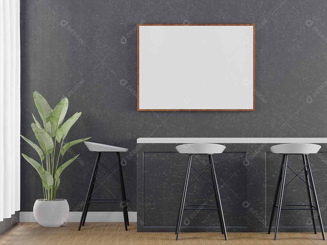 Placa grande de maquete de ilustração 3D com moldura na sala de jantar em casa ou restaurante, cores pastel interiores de estilo escandinavo