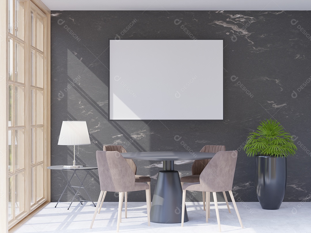 Placa em branco de maquete de ilustração 3D com moldura na parede na sala de reuniões, luz solar da janela, interior com móveis e plantas