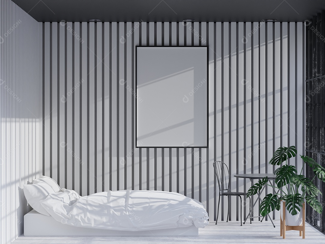 Placa em branco de maquete de ilustração 3D com moldura na parede na sala de reuniões, luz solar da janela, interior com móveis e plantas