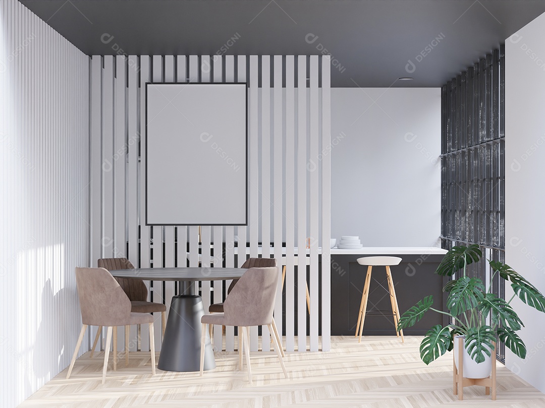 Placa grande de maquete de ilustração 3D com moldura na sala de jantar com cozinha em casa, cores pastel interiores de estilo escandinavo