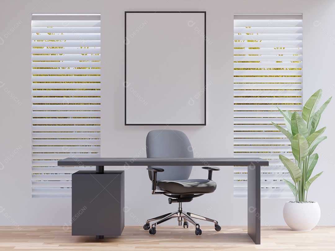 Placa em branco de maquete de ilustração 3D com moldura na parede na área de trabalho em casa, interior de estilo escandinavo