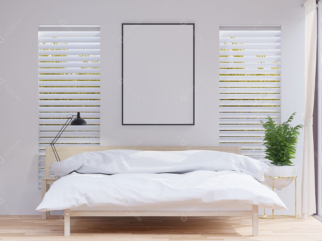 Placa em branco de maquete de ilustração 3D com moldura na parede na área de trabalho em casa, interior de estilo escandinavo