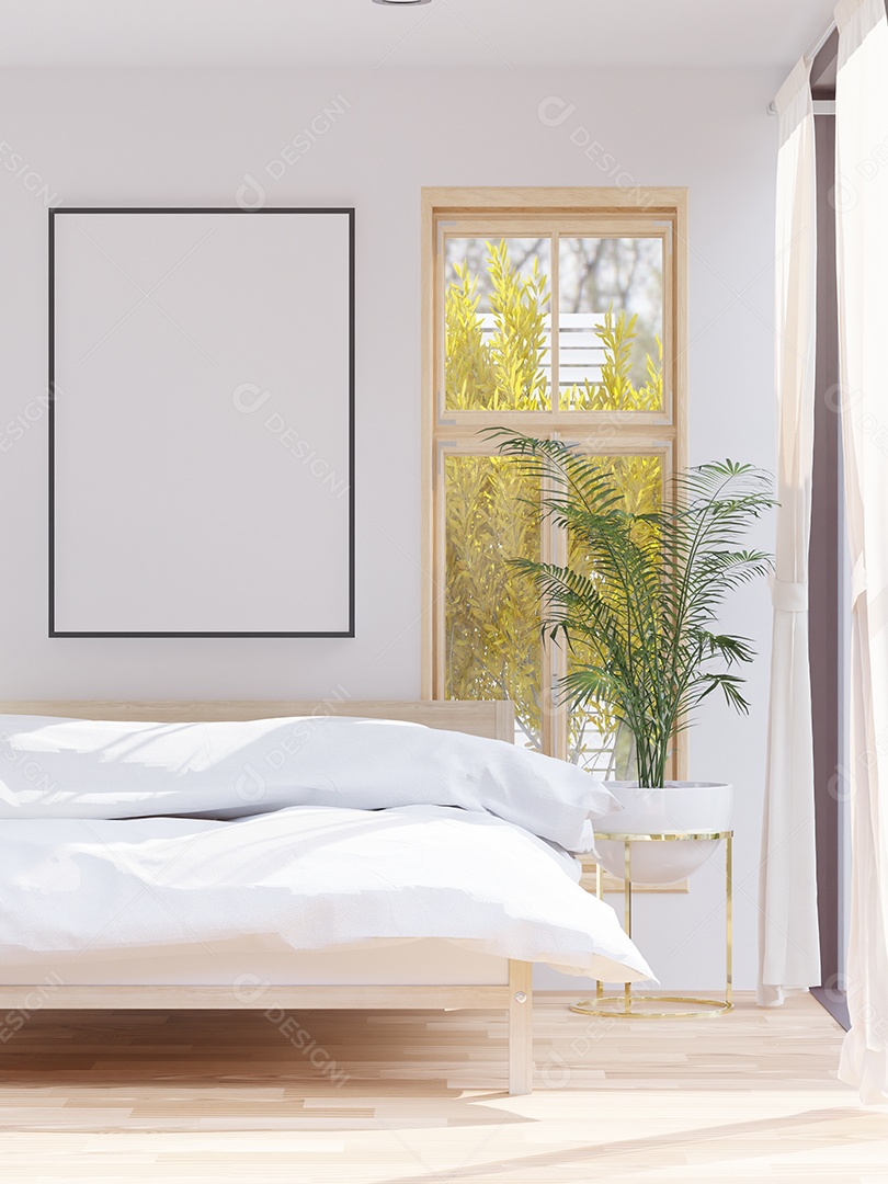 Placa em branco de maquete de ilustração 3D com moldura na parede na área de trabalho em casa, interior de estilo escandinavo