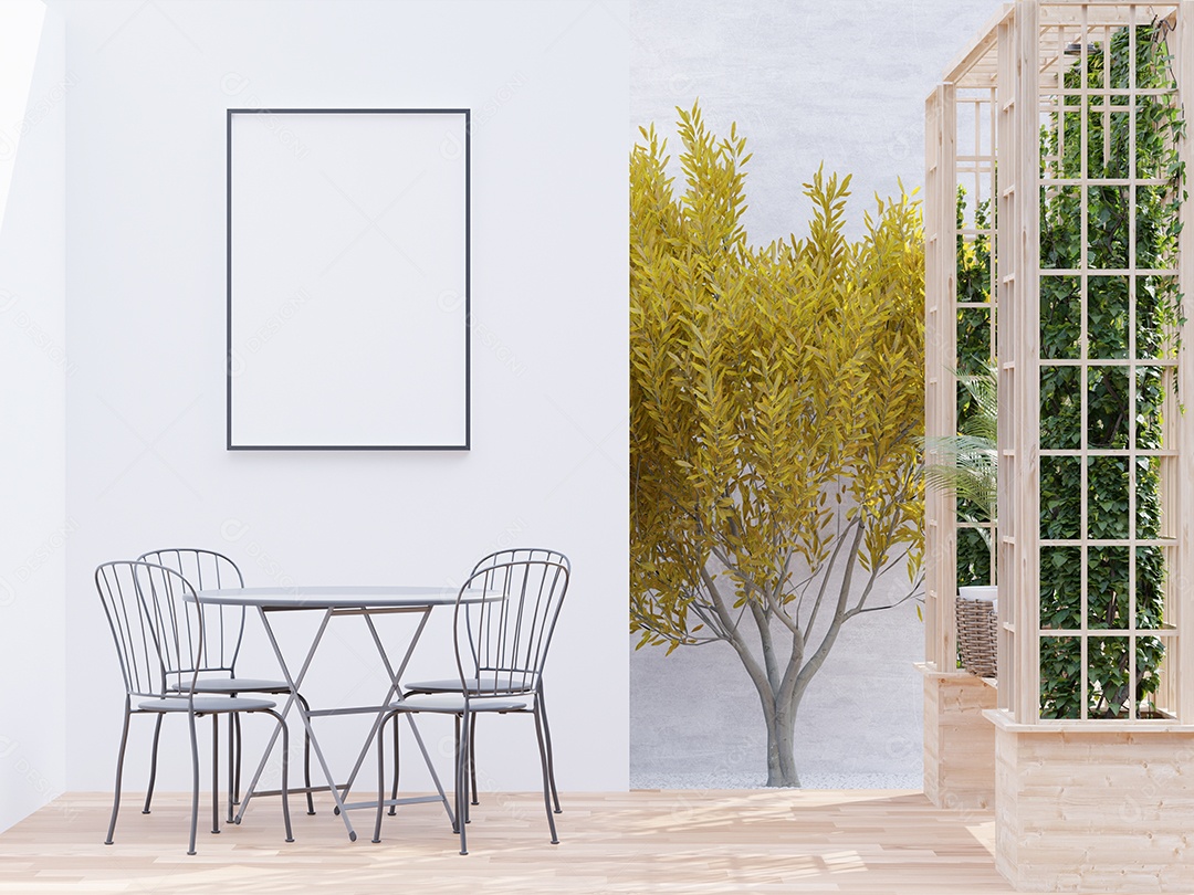 Quadro de pôster de maquete de ilustração 3D na parede do restaurante com mesas e cadeiras, interior da cantina no escritório ou hotel, renderização