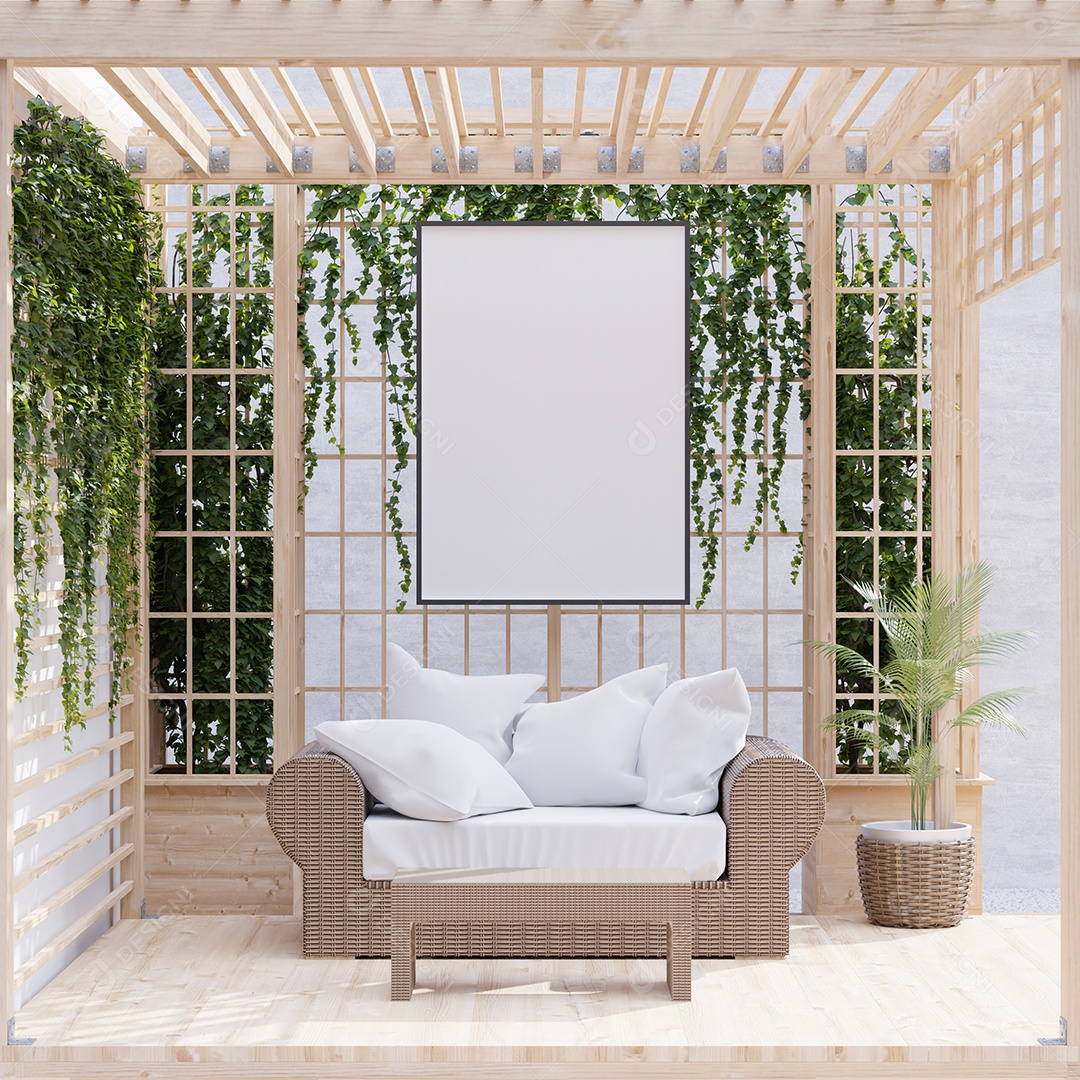 Placa em branco de maquete de ilustração 3D com moldura na parede na sala de estar, estilo escandinavo aberto ou interior ao ar livre com móveis aconchegantes