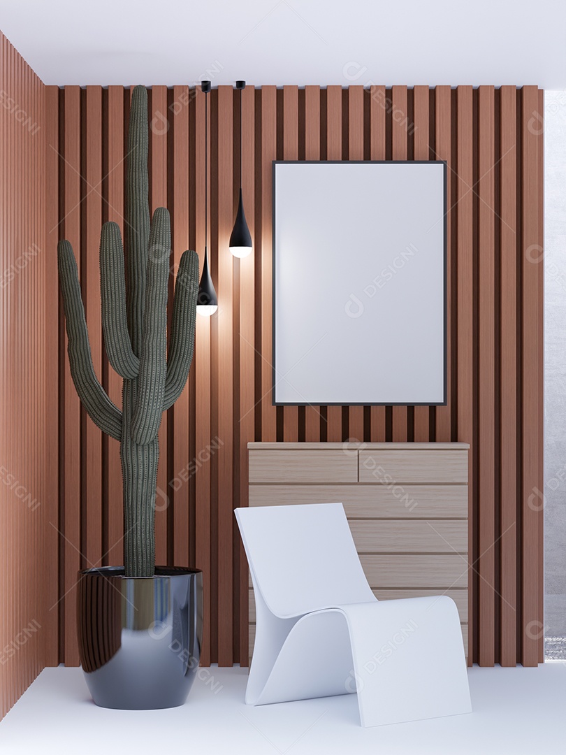 Placa em branco de maquete de ilustração 3D com moldura na parede da sala de estar, interior de estilo escandinavo com vaso de plantas e decoração natural, renderização