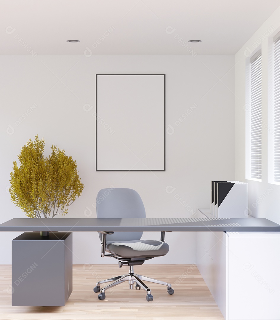 Placa em branco de maquete de ilustração 3D com moldura na parede na área de trabalho em casa, interior de estilo escandinavo