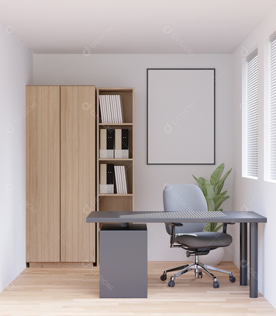 Placa em branco de maquete de ilustração 3D com moldura na parede na área de trabalho em casa, interior de estilo escandinavo