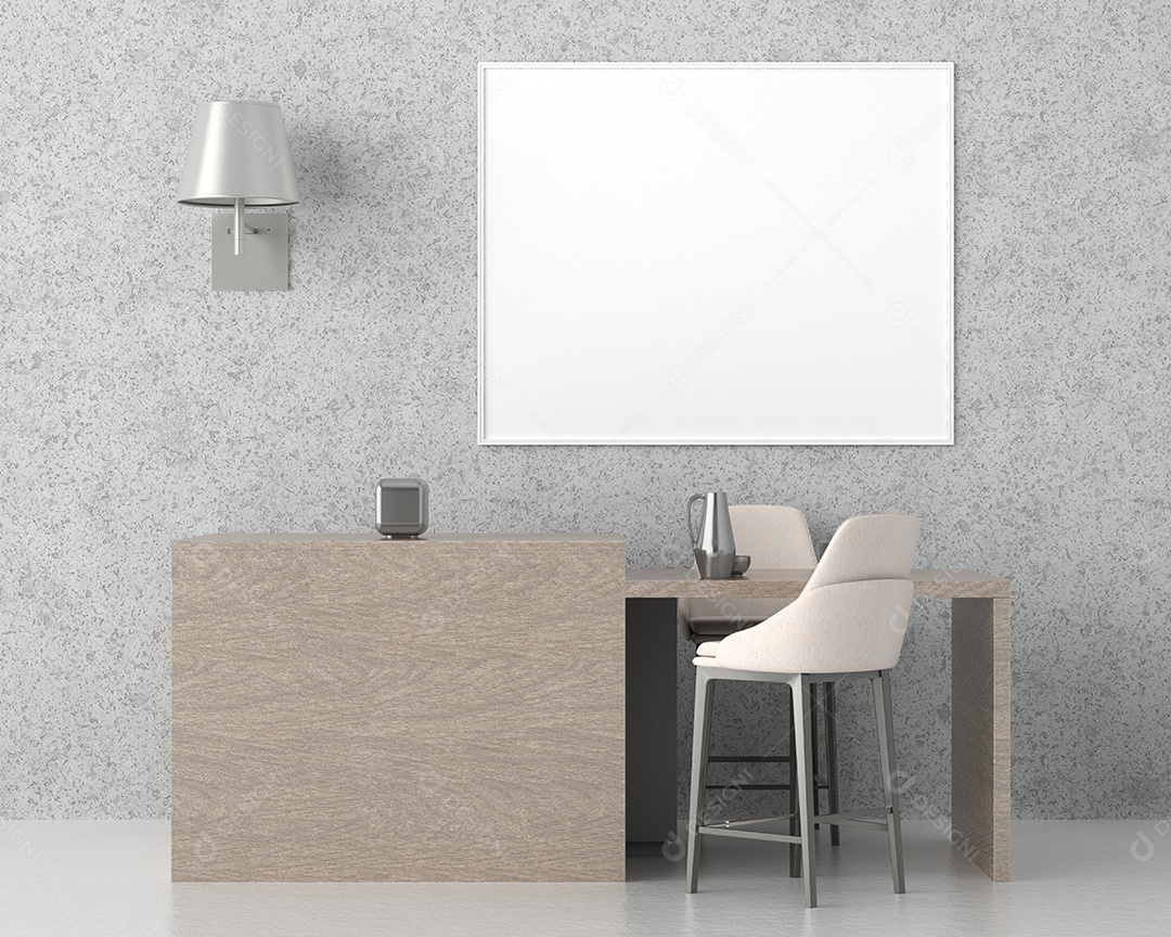 Placa grande de maquete de ilustração 3D com moldura na sala de jantar com cozinha em casa, cores pastel interiores de estilo escandinavo