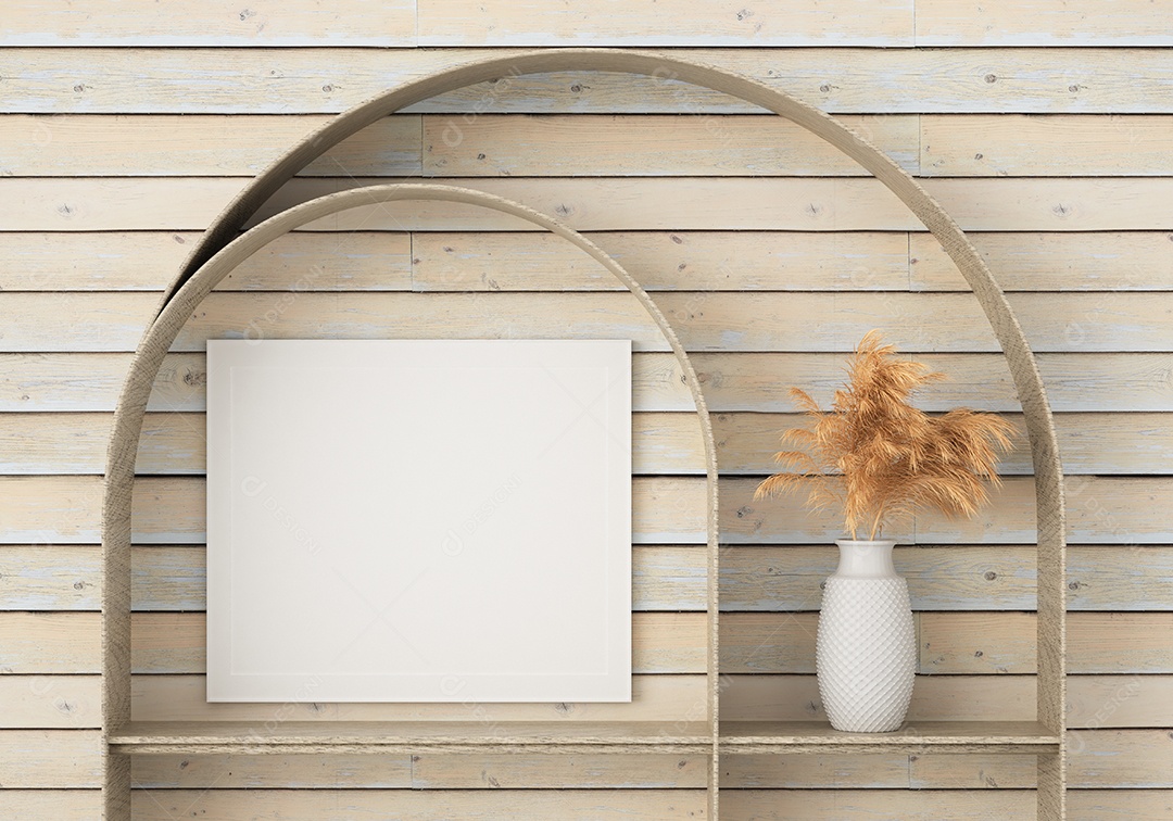 Placa grande de maquete de ilustração 3D com moldura na sala de jantar com cozinha em casa, cores pastel interiores de estilo escandinavo