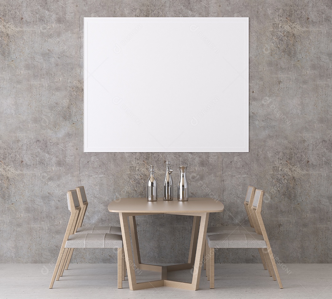 Placa grande de maquete de ilustração 3D com moldura na sala de jantar em casa ou restaurante, cores pastel interiores de estilo escandinavo