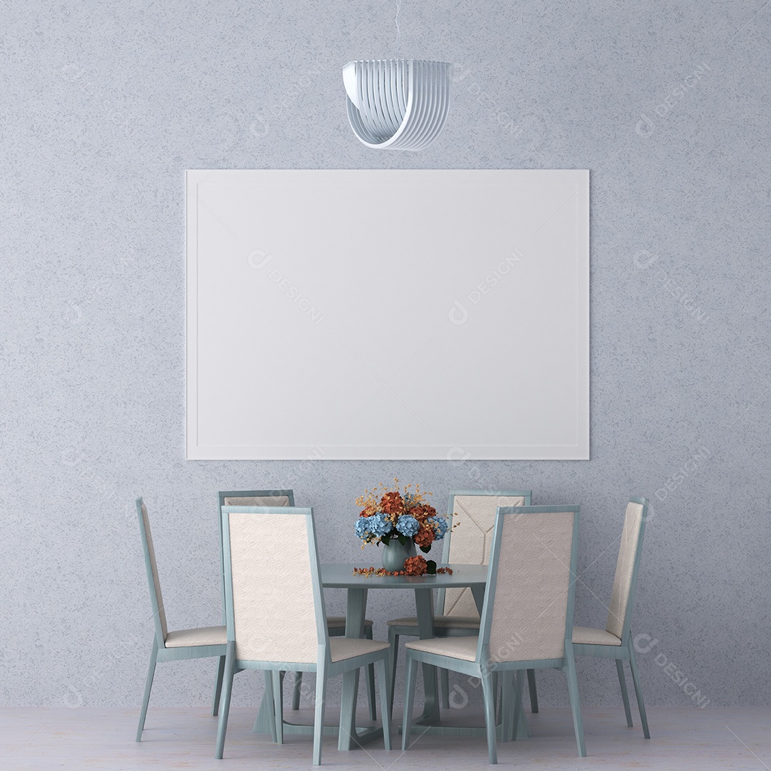 Placa grande de maquete de ilustração 3D com moldura na sala de jantar em casa ou restaurante, cores pastel interiores de estilo escandinavo