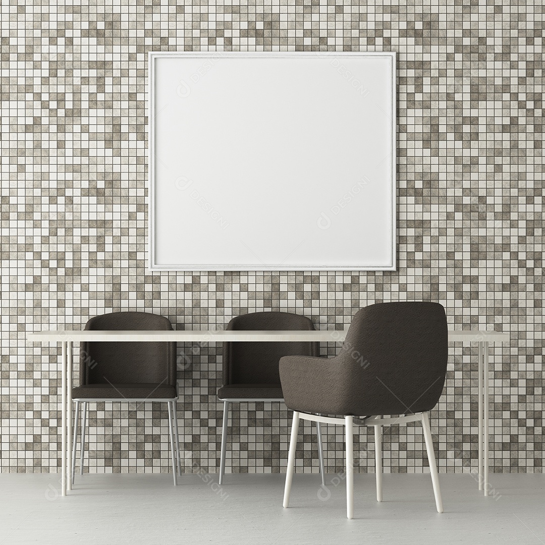 Placa grande de maquete de ilustração 3D com moldura na sala de jantar em casa ou restaurante, cores pastel interiores de estilo escandinavo