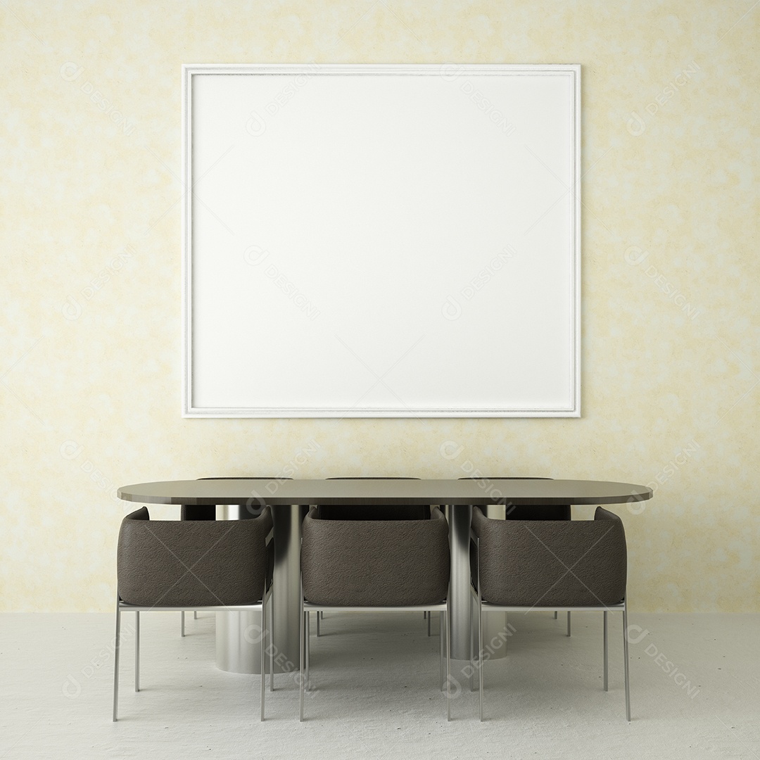 Placa em branco de maquete de ilustração 3D com moldura na parede da sala de jantar, interior de estilo escandinavo com móveis aconchegantes