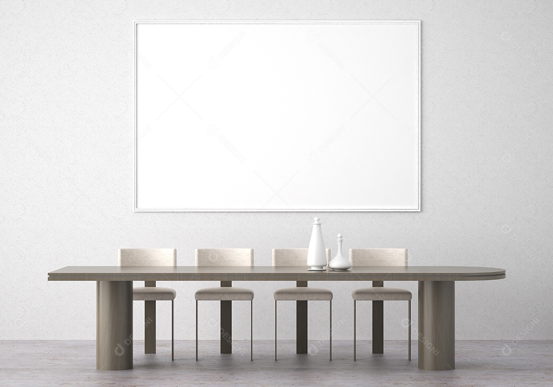 Placa em branco de maquete de ilustração 3D com moldura na parede da sala de jantar, interior de estilo escandinavo com móveis aconchegantes