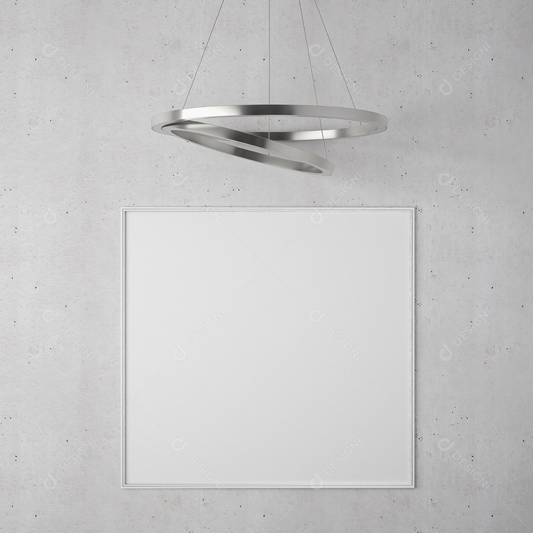 Placa em branco de maquete de ilustração 3D com moldura na parede da sala de jantar, interior de estilo escandinavo com móveis aconchegantes