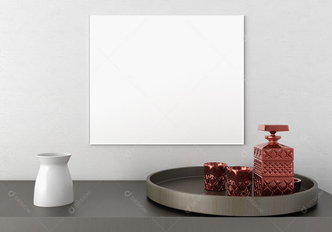 Molduras para fotos de maquete de ilustração 3D na bela parede sobre lavatório no banheiro com garrafa, decorada com equipamento confortável