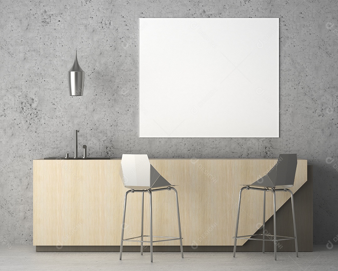 Placa grande de maquete de ilustração 3D com moldura na sala de jantar em casa ou restaurante, cores pastel interiores de estilo escandinavo