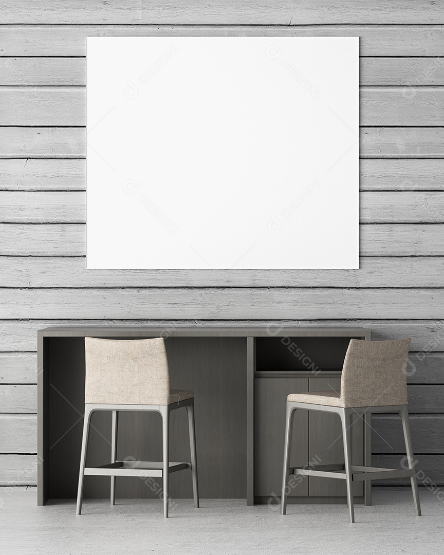 Placa em branco de maquete de ilustração 3D com moldura na parede na área de trabalho em casa, interior de estilo escandinavo