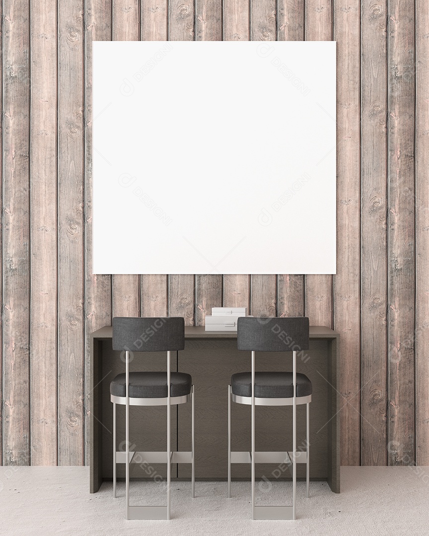 Placa em branco de maquete de ilustração 3D com moldura na parede na área de trabalho em casa, interior de estilo escandinavo