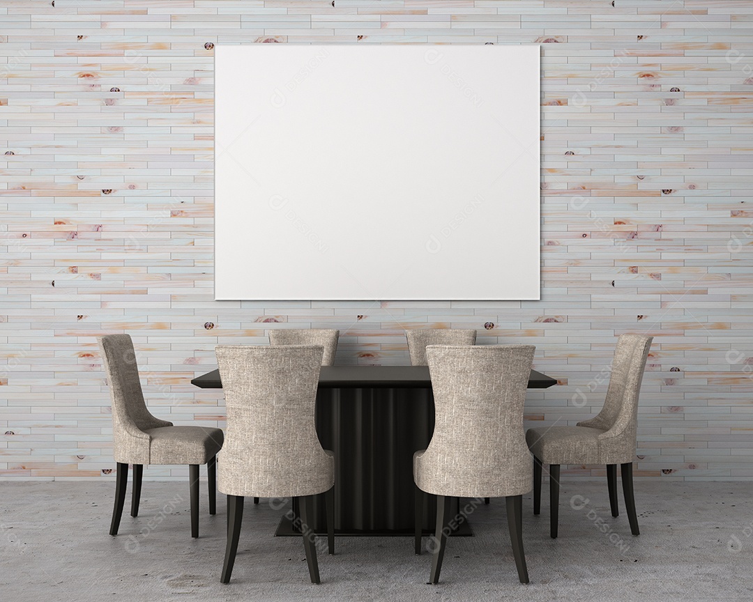 Placa grande de maquete de ilustração 3D com moldura na sala de jantar em casa ou restaurante, cores pastel interiores de estilo escandinavo