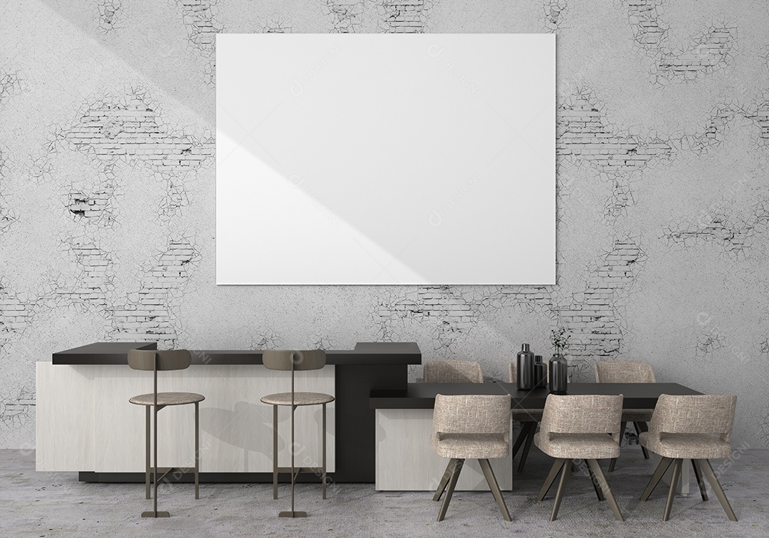 Placa grande de maquete de ilustração 3D com moldura na sala de jantar em casa ou restaurante, cores pastel interiores de estilo escandinavo