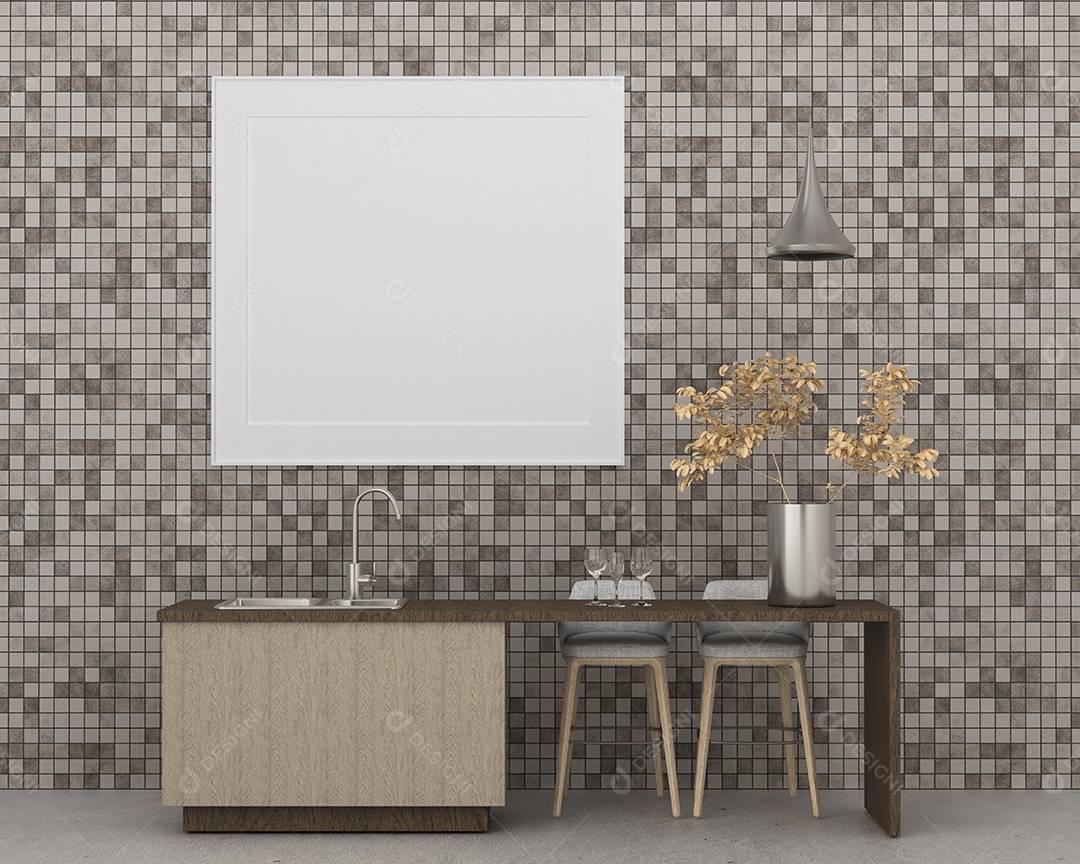 Placa grande de maquete de ilustração 3D com moldura na sala de jantar em casa ou restaurante, cores pastel interiores de estilo escandinavo