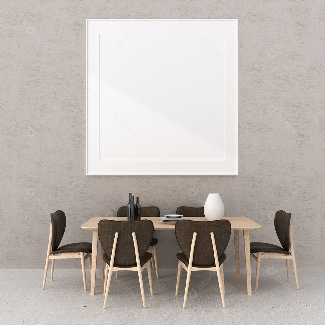 Placa grande de maquete de ilustração 3D com moldura na sala de jantar em casa ou restaurante, cores pastel interiores de estilo escandinavo