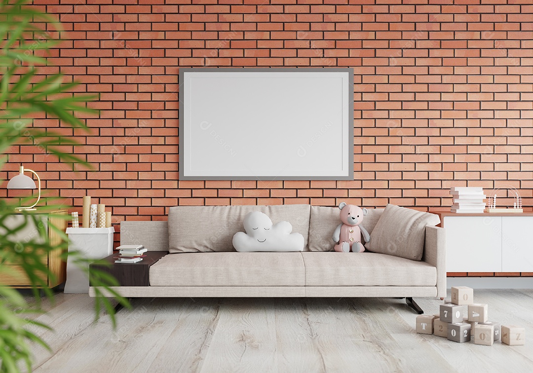 Molduras para fotos de maquete de ilustração 3D no quarto das crianças ou no quarto do berçário, cores pastel interiores de estilo escandinavo