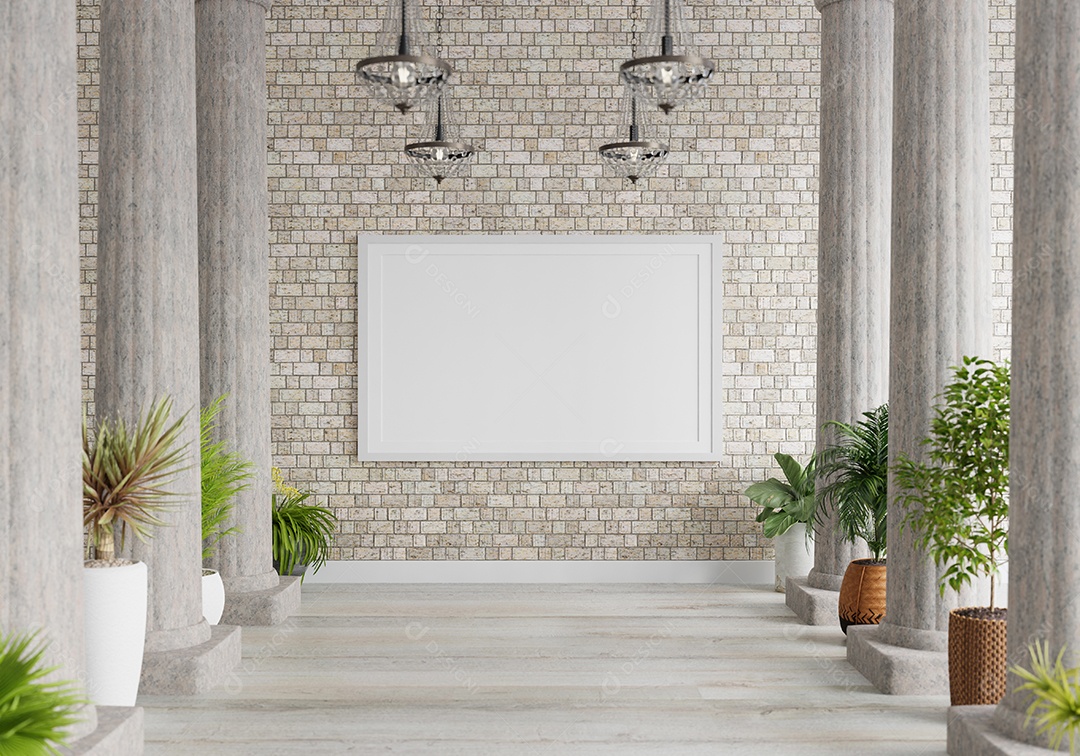 Molduras para fotos de maquete de ilustração 3D na parede bonita no corredor da galeria ou lobby do edifício de luxo, decorado com interior