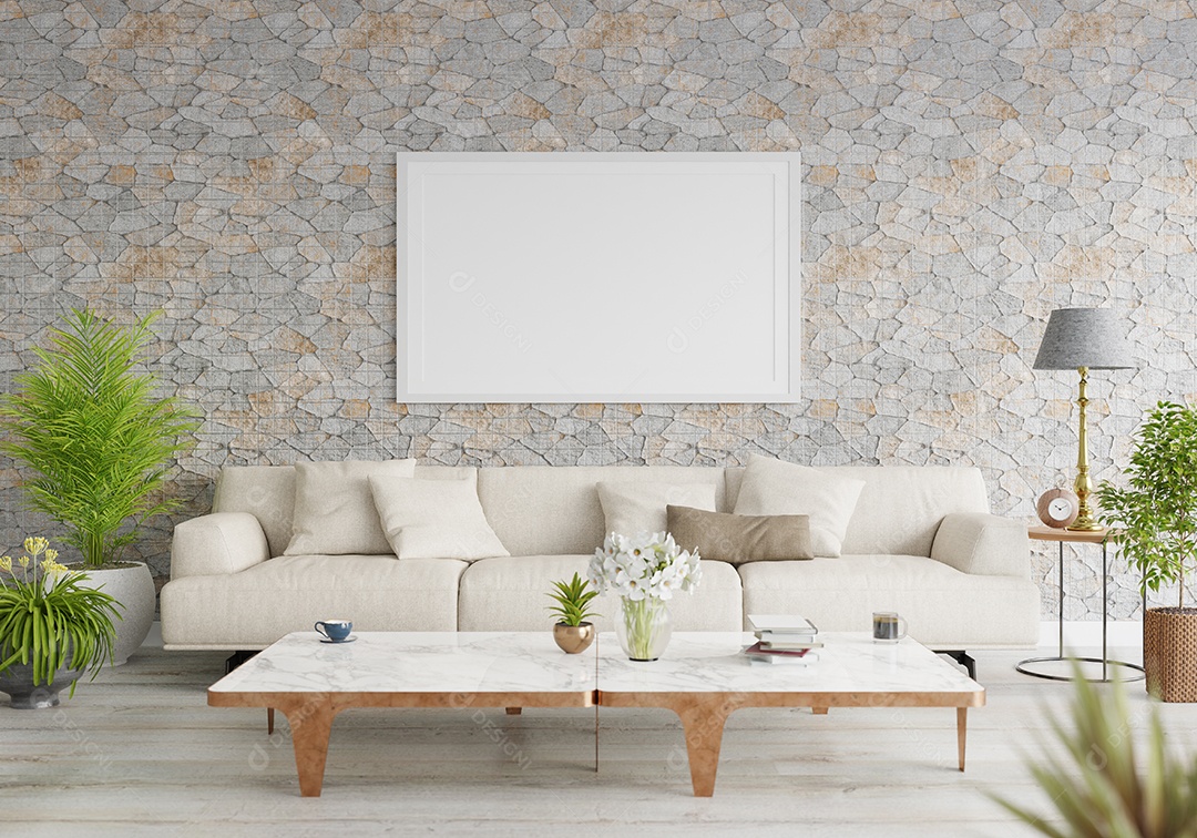Molduras para fotos de maquete de ilustração 3D na parede da sala de estar, interior de estilo escandinavo com móveis aconchegantes
