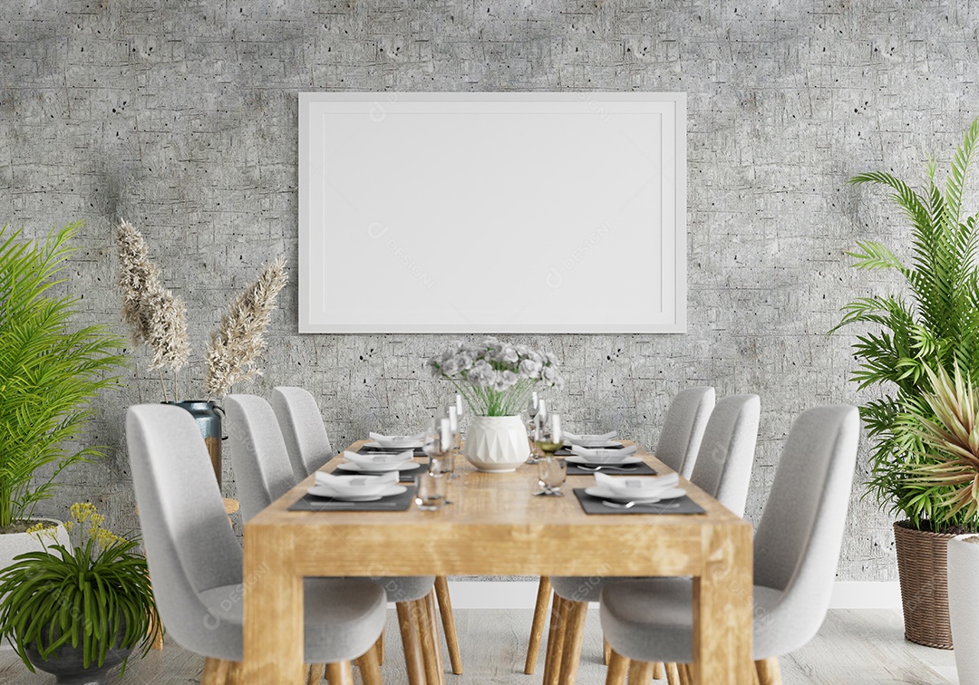 Placa grande de maquete de ilustração 3D com moldura na sala de jantar em casa ou restaurante, cores pastel interiores de estilo escandinavo