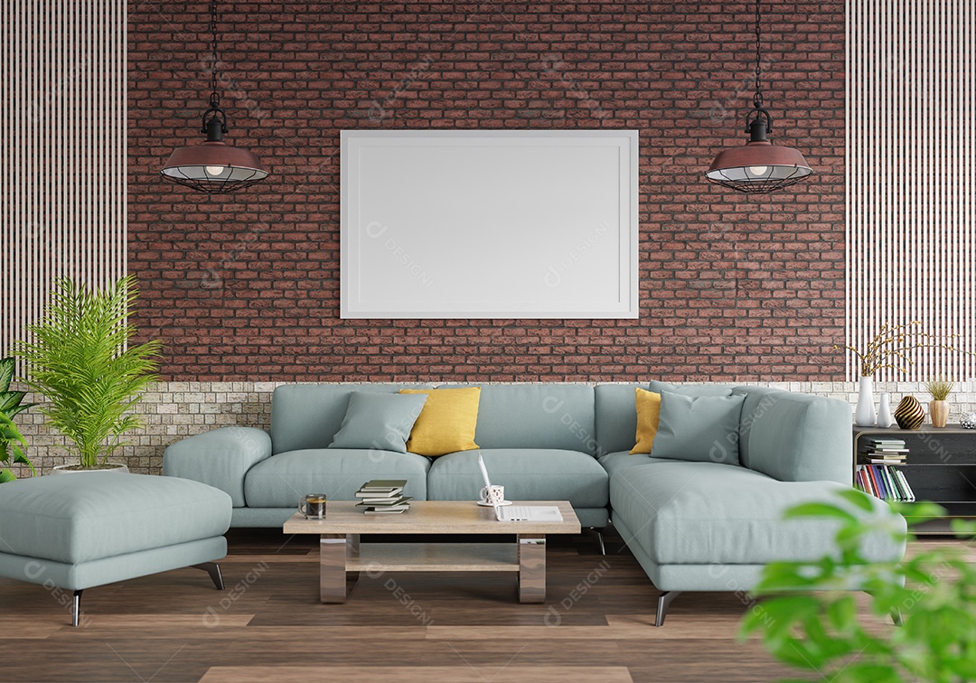 Molduras para fotos de maquete de ilustração 3D na parede da sala de estar, interior de estilo escandinavo com móveis aconchegantes