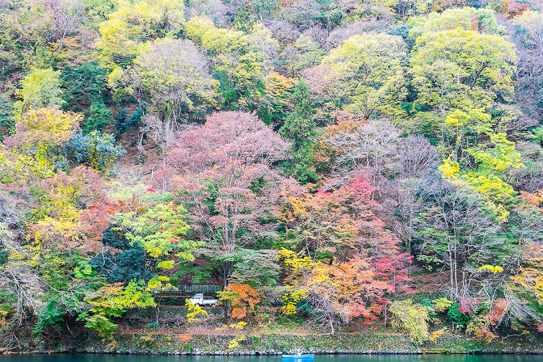 montanhas de folhas coloridas e rio Katsura em Arashiyama, terras