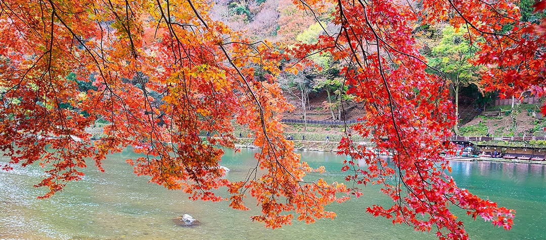 montanhas de folhas coloridas e rio Katsura em Arashiyama, terras