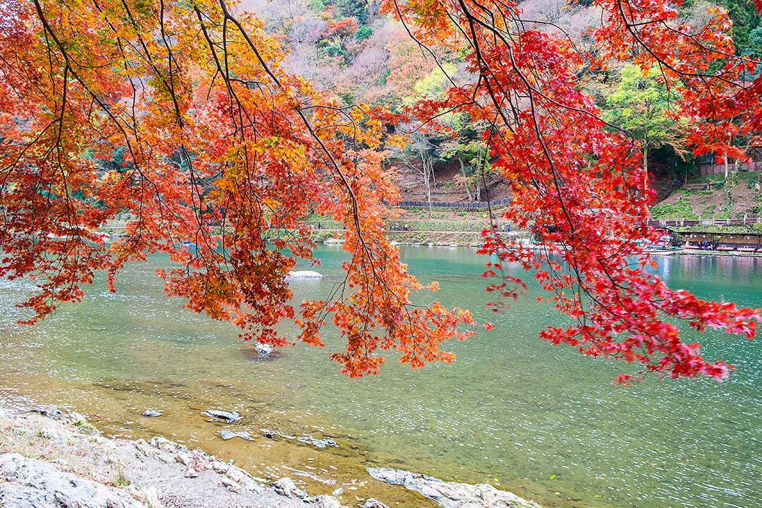 montanhas de folhas coloridas e rio Katsura em Arashiyama, terras