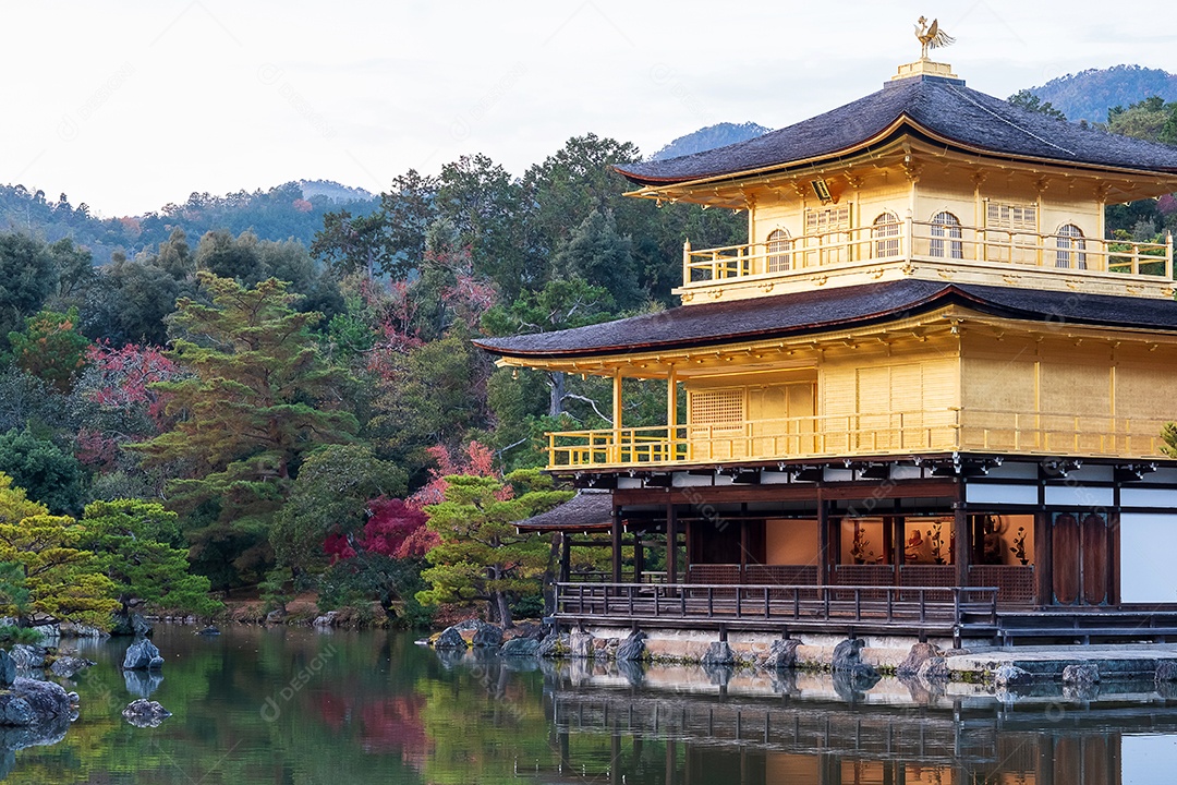 Belo templo Kinkakuji ou o Pavilhão dourado na temporada de folhagem de outono, marco e famoso por atrações turísticas em Kyoto, Kansai, Japão